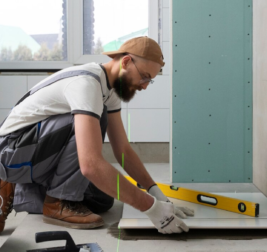 Male worker in overalls kneeling on the floor using a spirit level while installing tiles in a bathroom under renovation