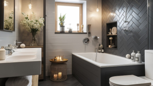 Modern bathroom interior featuring a bathtub, double sink, decorative shelving, plants, and lit candles creating a warm and relaxing ambiance