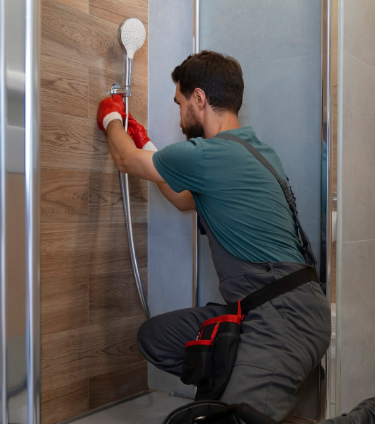 Plumber installing or repairing a handheld shower in a modern bathroom.