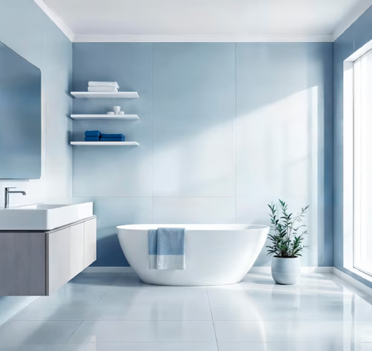 Minimalist modern bathroom with a freestanding bathtub, floating vanity, shelves, and natural light from a large window.
